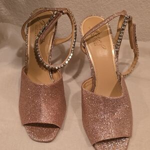 Badgley Mischka BLUSH PINK Elegant Glittery Sandals with Rhinestone Straps
